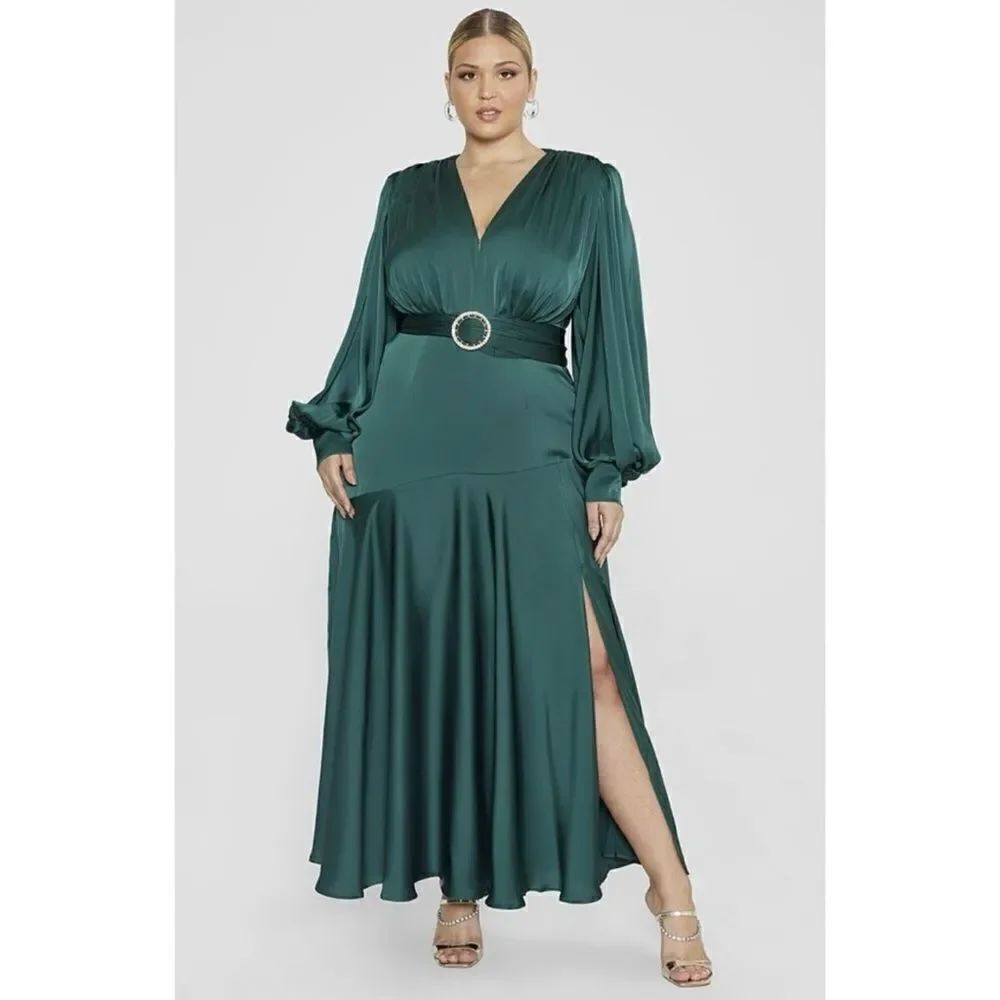 FTF Belted Satin Tiered Maxi Dress